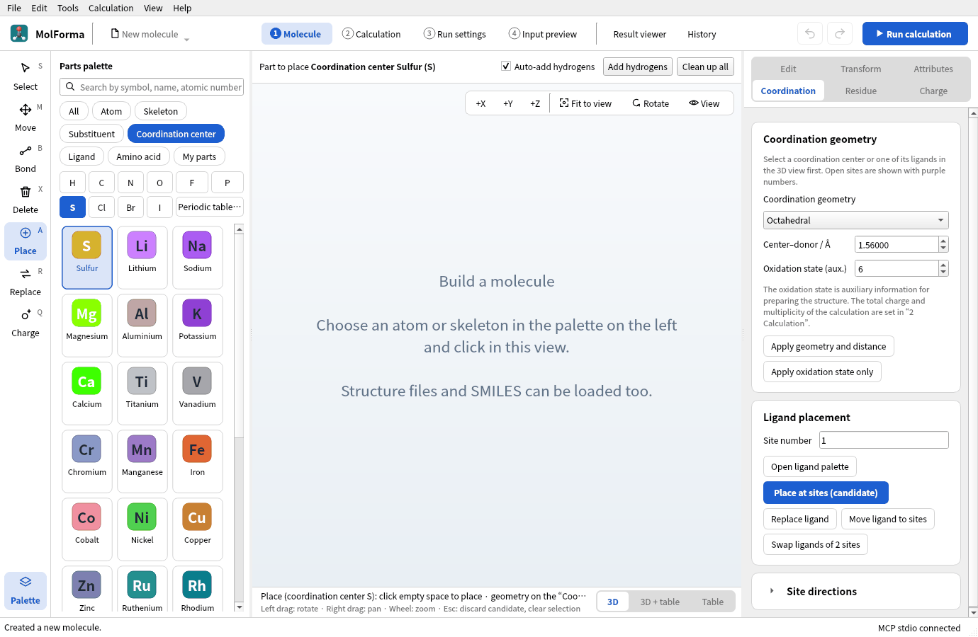 The element button “S” pressed under the category “Coordination center”: “Sulfur” is highlighted at the top of the list, and the “Coordination” page on the right has octahedral geometry, center–donor 1.56 Å and oxidation state 6