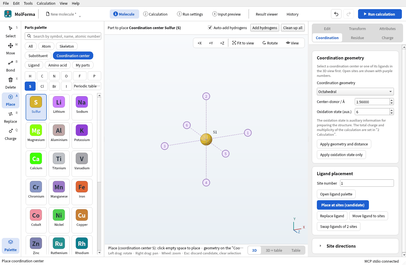 Sulfur S1 placed in empty space with the purple coordination sites 1–6 around it
