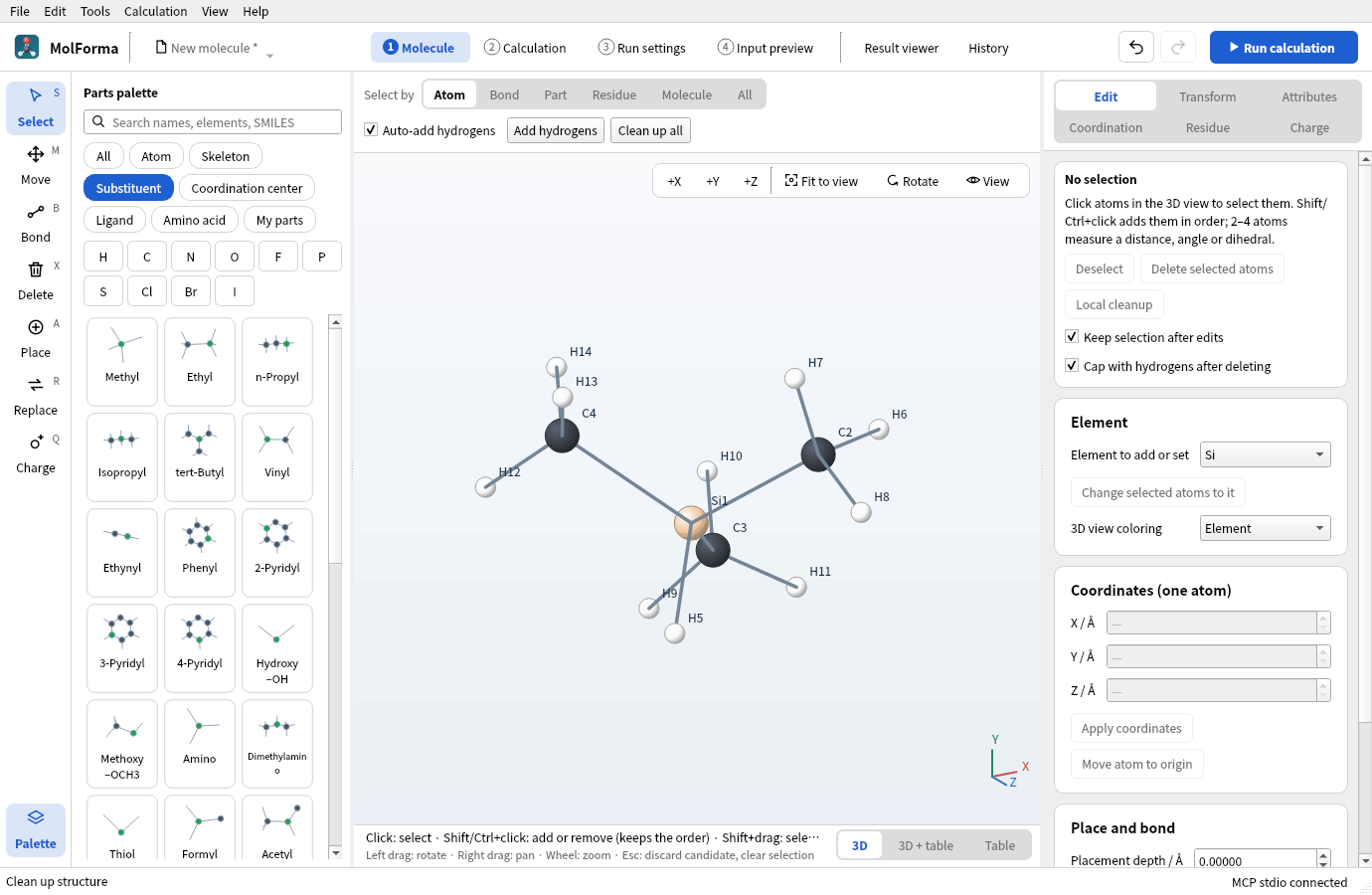 (CH3)3SiH with three hydrogens of Si replaced by methyl groups and cleaned up: C2, C3 and C4 around Si1, and the Si–H hydrogen H5
