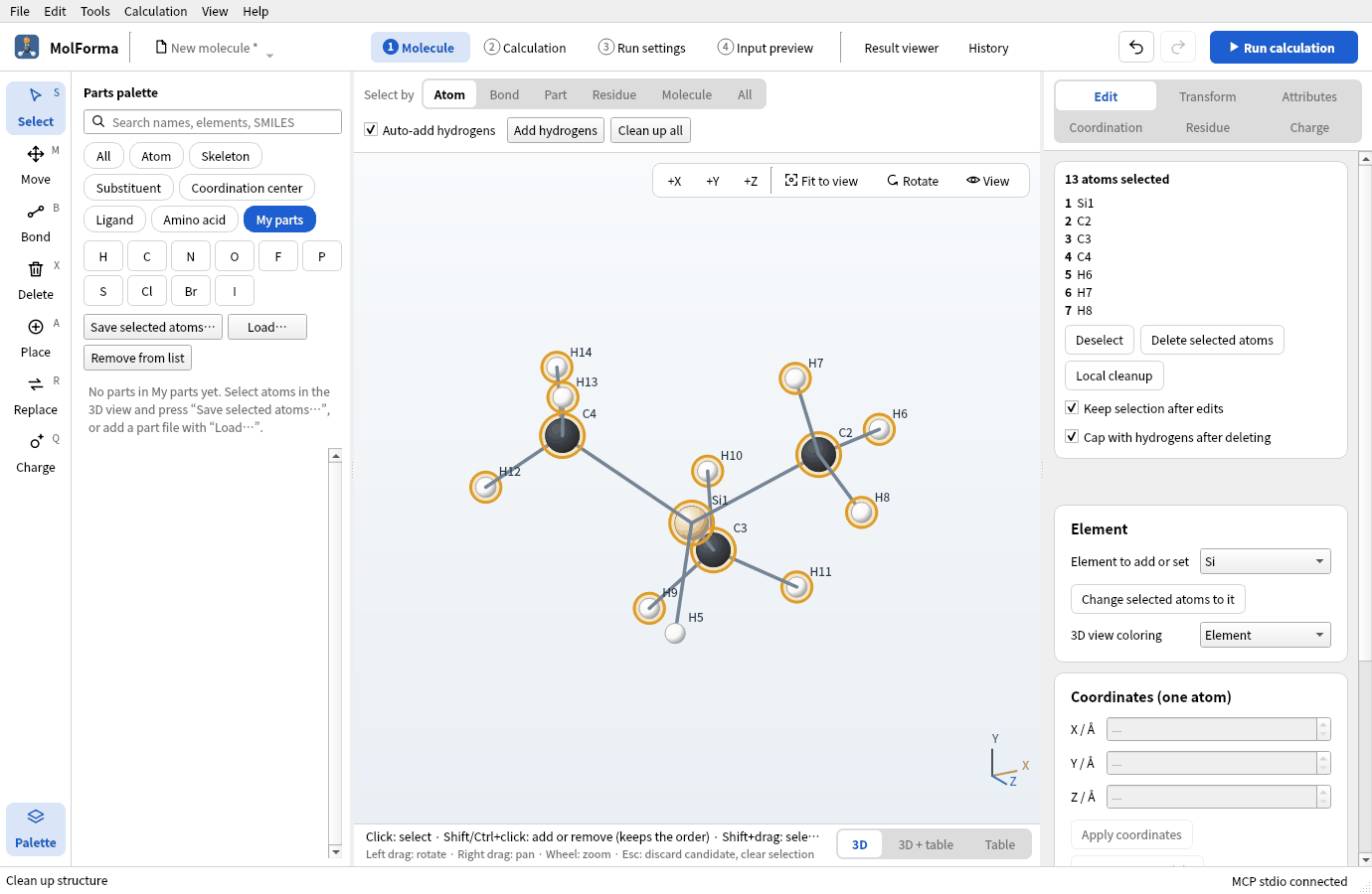 Si1 chosen first and then the 12 atoms of the methyl groups (13 atoms selected): Si1 heads the selection box on the right, and the Si–H hydrogen H5 is not chosen. The palette shows the category “My parts”, still empty
