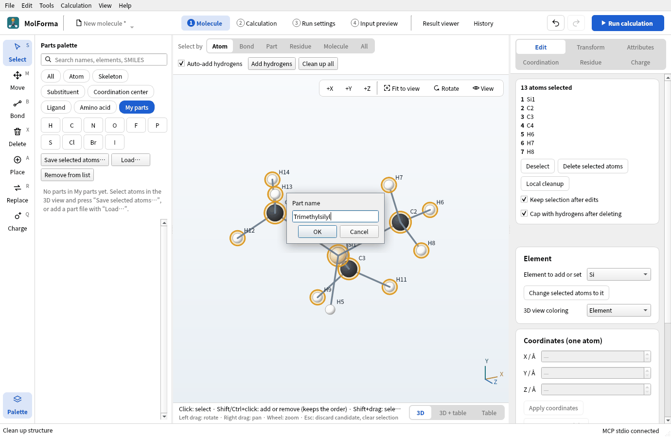 The “Part name” dialog of “Save selected atoms…” with “Trimethylsilyl” entered