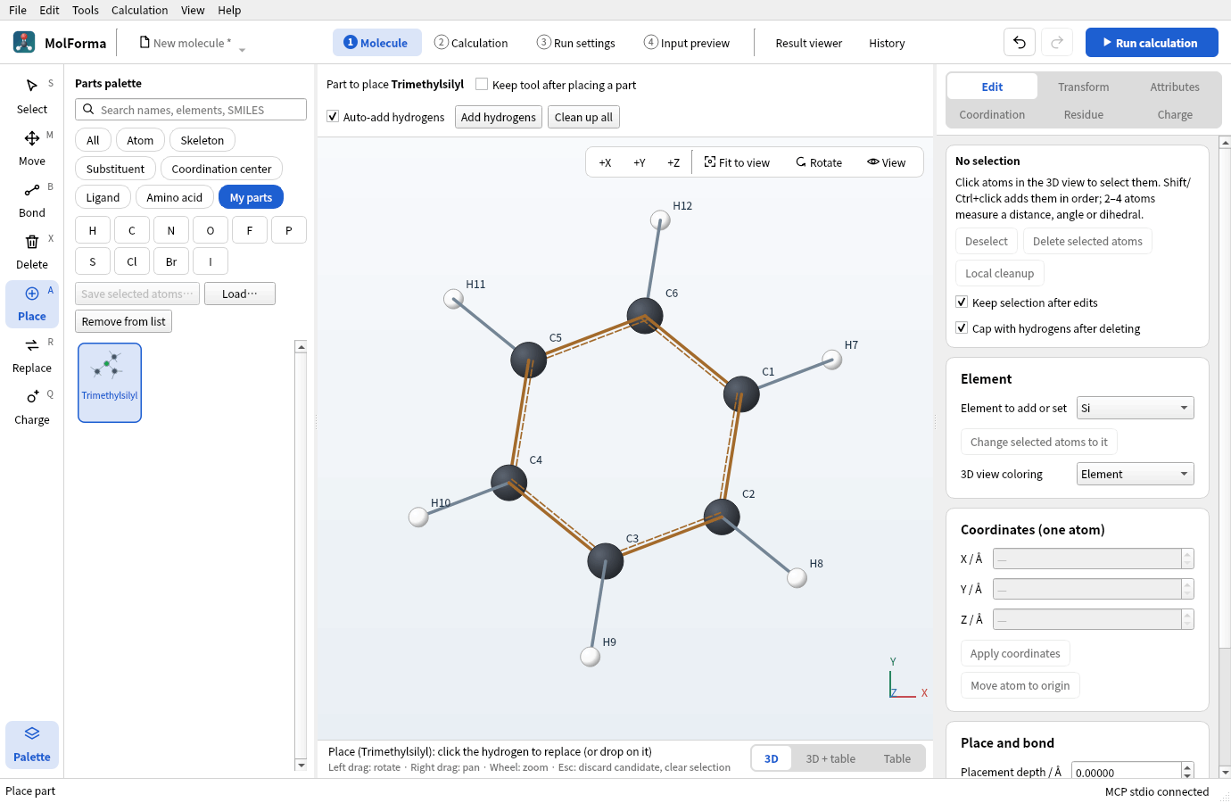 Benzene placed and “Trimethylsilyl” chosen in “My parts”: “Part to place Trimethylsilyl” above the 3D view and “Place (Trimethylsilyl): click the hydrogen to replace (or drop on it)” below