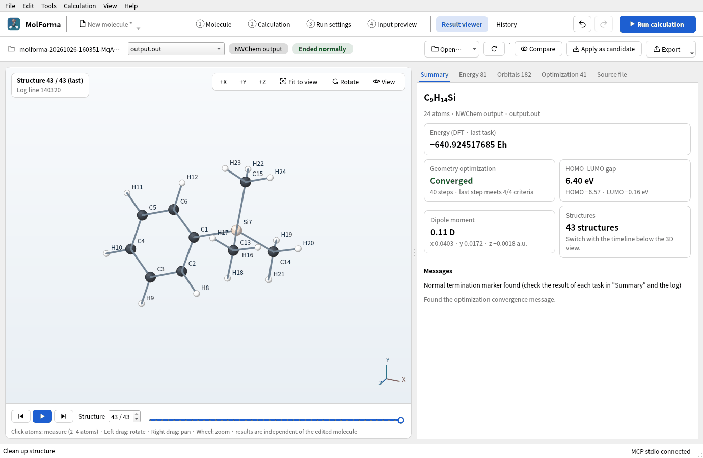 “Summary” of the result viewer for trimethylsilylbenzene: energy −640.924517685 Eh, optimization converged (40 steps), HOMO–LUMO gap 6.40 eV, dipole moment 0.11 D