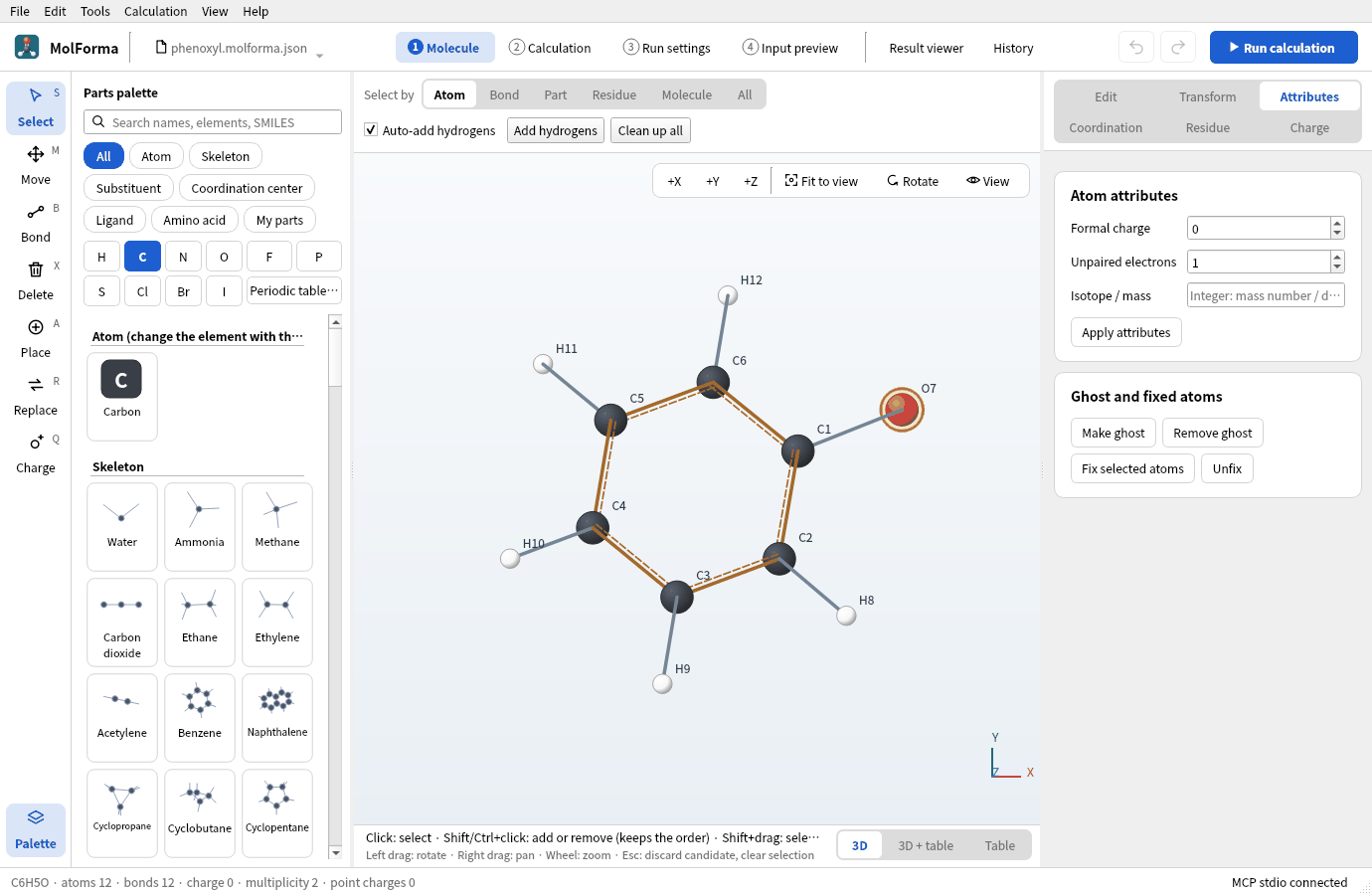 The phenoxyl radical with an unpaired electron on oxygen set on the Attributes page
