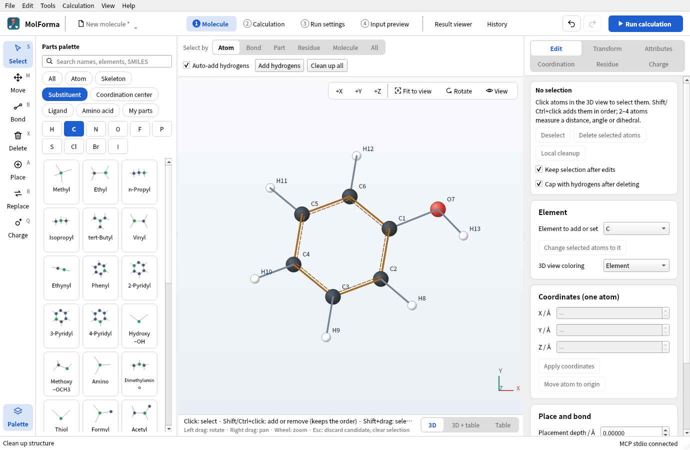 Phenol, made by replacing a benzene hydrogen with a hydroxy group and cleaning up, with oxygen O7 and hydrogen H13