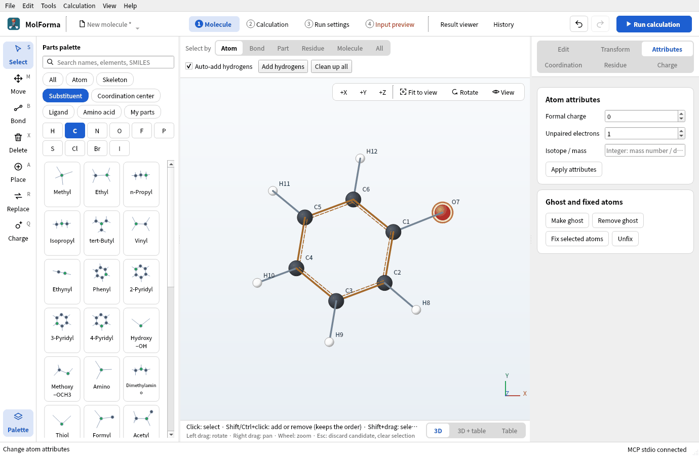 Oxygen O7 chosen, with unpaired electrons set to 1 under “Atom attributes” on the “Attributes” page and applied