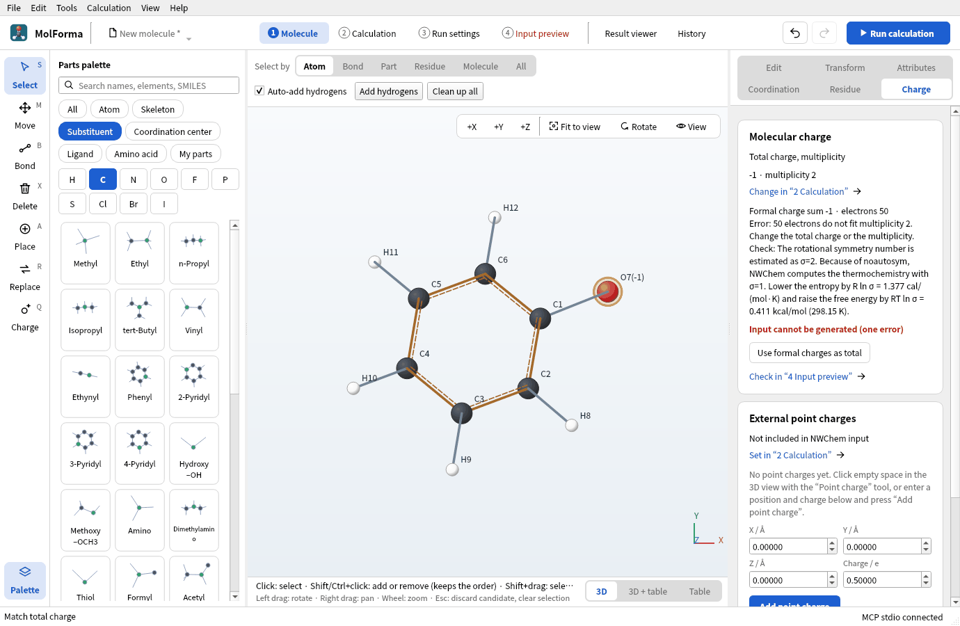 The “Charge” page after “Use formal charges as total”: total charge and multiplicity read −1 · multiplicity 2, and because the multiplicity is still 2 it says “50 electrons do not fit multiplicity 2.”