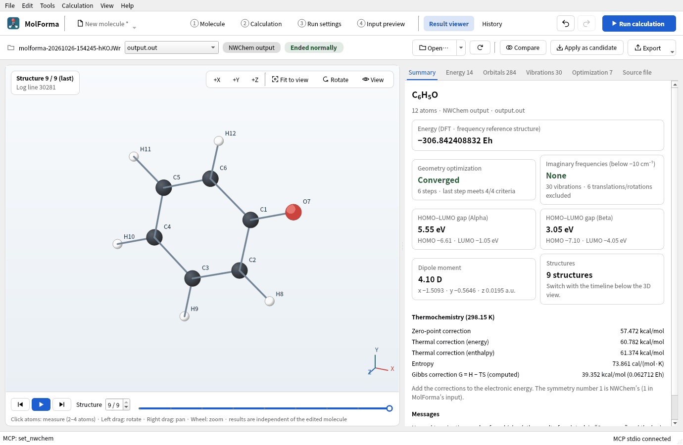 “Summary” of the result viewer for the phenoxyl radical: energy −306.842408832 Eh, optimization converged, no imaginary frequencies, HOMO–LUMO gaps (alpha 5.55 eV, beta 3.05 eV) and the thermochemical corrections