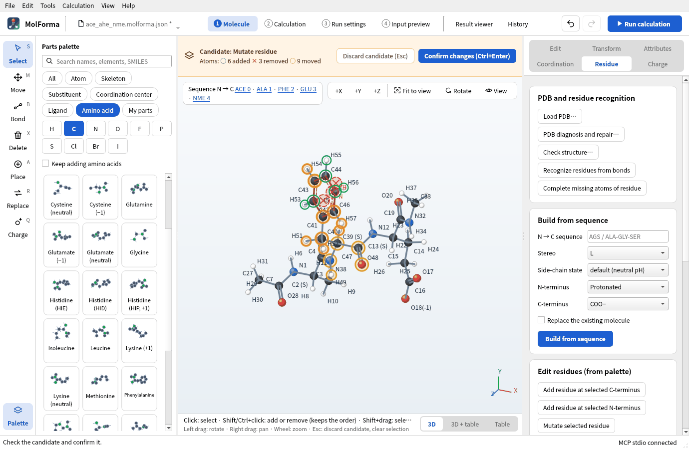 The candidate of mutating HIS 2 to “Phenylalanine”: the sequence above the 3D view reads ACE 0 · ALA 1 · PHE 2 · GLU 3 · NME 4, and the amber bar shows the candidate