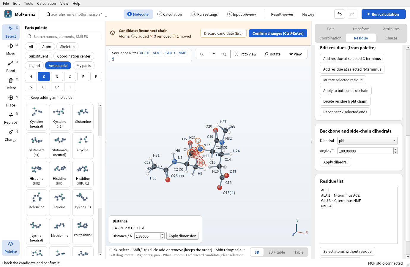 The candidate of “Reconnect 2 selected ends”: the terminal OH and H are gone, C11H18N3O5 · 37 atoms