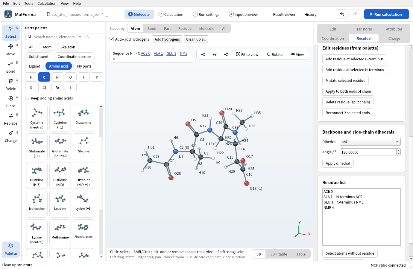 ACE–Ala–Glu–NME reconnected and cleaned up; the sequence reads ACE 0 · ALA 1 · GLU 3 · NME 4