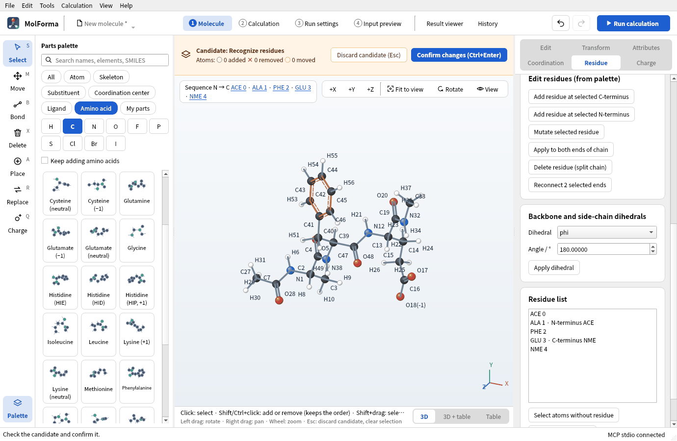 The candidate of “Recognize residues from bonds”: the sequence ACE 0 · ALA 1 · PHE 2 · GLU 3 · NME 4 is back, with charge −1