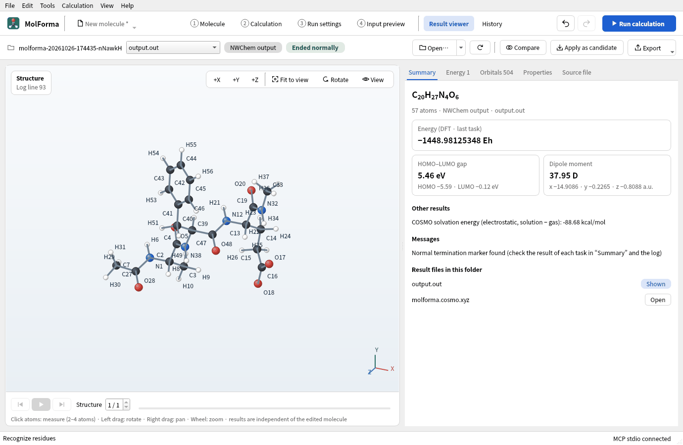 “Summary” of the result viewer for the mutant: energy −1448.98125348 Eh and, among the other results, the COSMO solvation energy (electrostatic) −88.68 kcal/mol