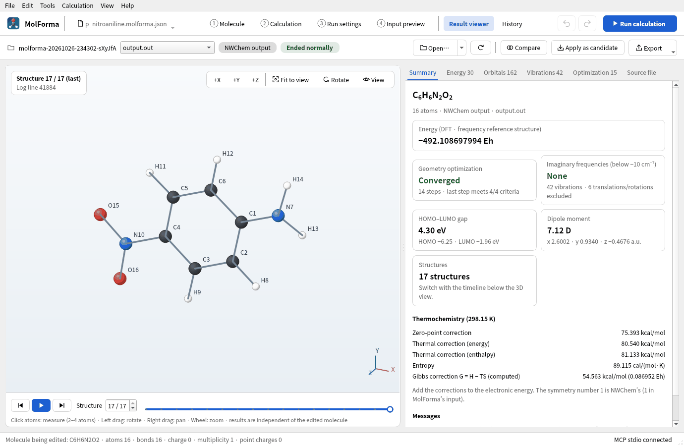 “Summary” of p-nitroaniline opened in the result viewer, showing structure 17/17 (last), with “Compare”, “Apply as candidate” and “Export” in the bar at the top