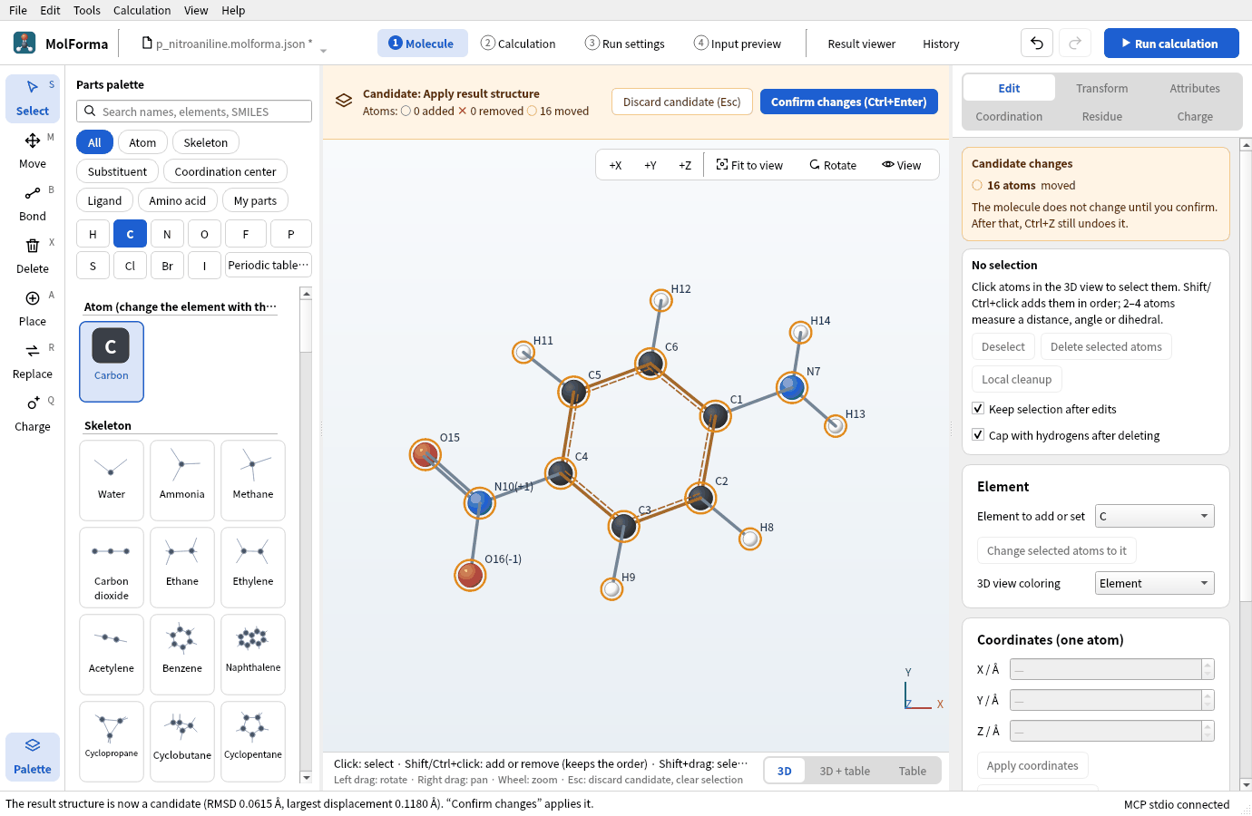 “1 Molecule” after “Apply as candidate”: the amber bar shows the candidate with 16 atoms moved, and the status bar says the result structure is now a candidate (RMSD 0.0615 Å, largest displacement 0.1180 Å)