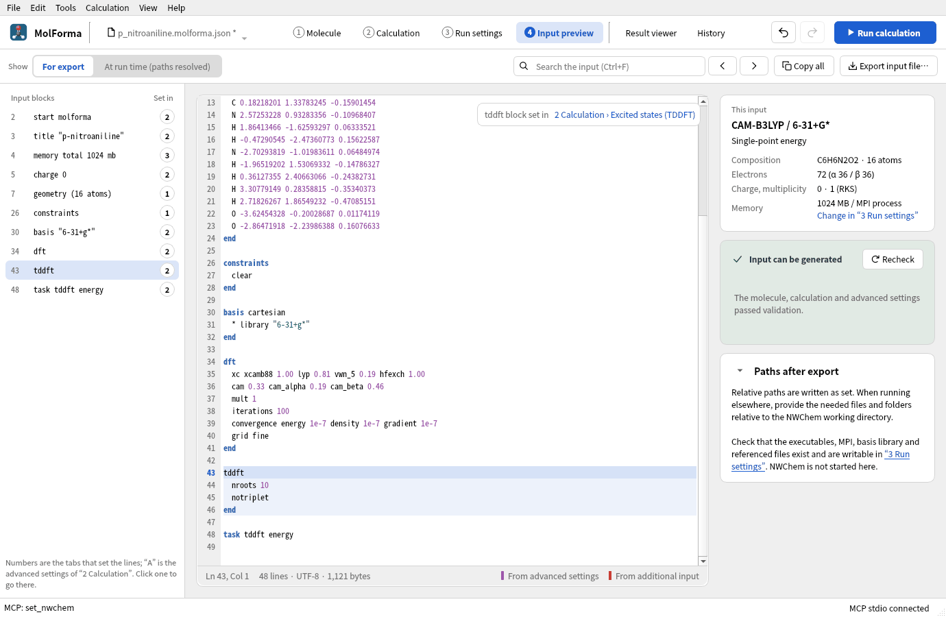 The tddft block chosen in “4 Input preview”: nroots 10 and notriplet, with task tddft energy on the last line