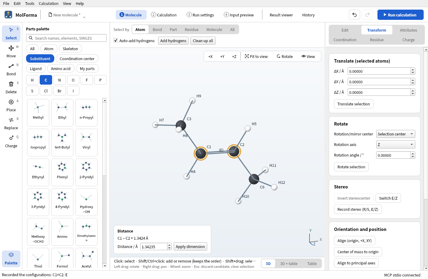 C1 and C2 of 2-butene chosen and their stereo recorded: “(E)” appears in the middle of the double bond