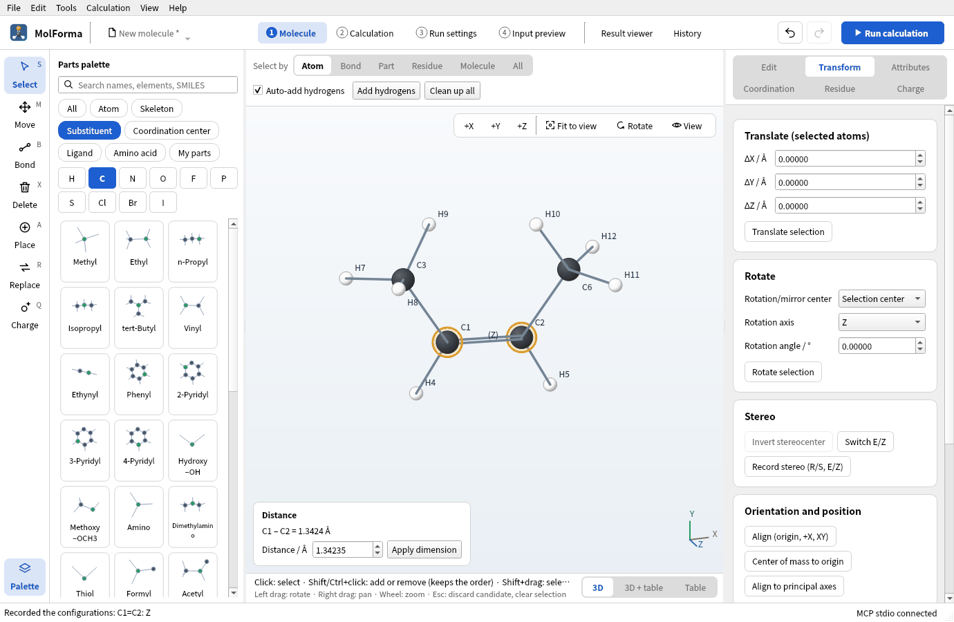Z-2-butene recorded again after “Switch E/Z”: both methyl groups on the same side of the double bond, and “(Z)” in the middle