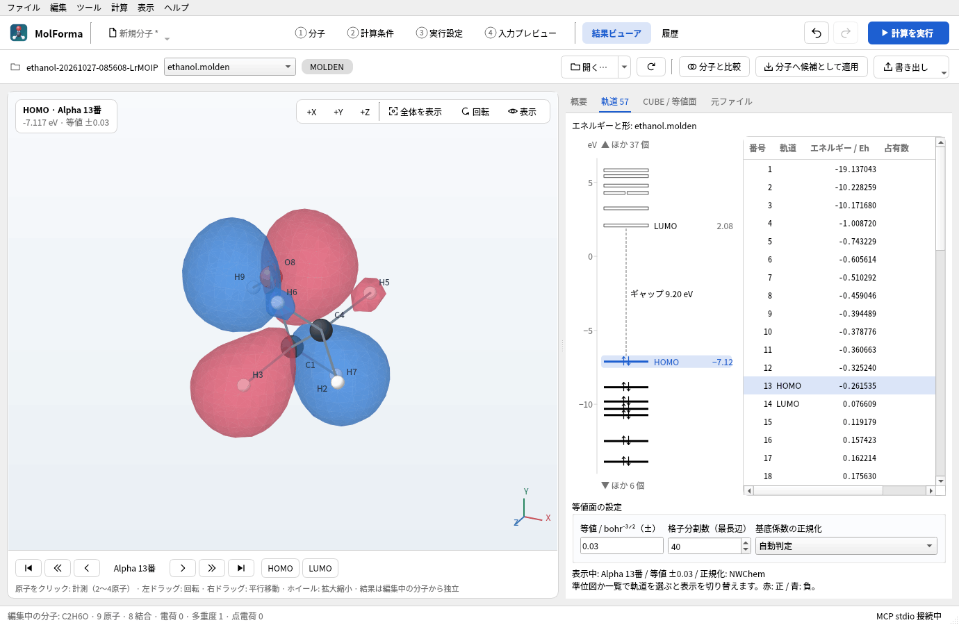 MOLDENファイルを開いたところ。3DビューにHOMO（Alpha 13番、−7.117 eV）の等値面が赤と青で出て、右の「軌道」タブに準位図と軌道の一覧がある