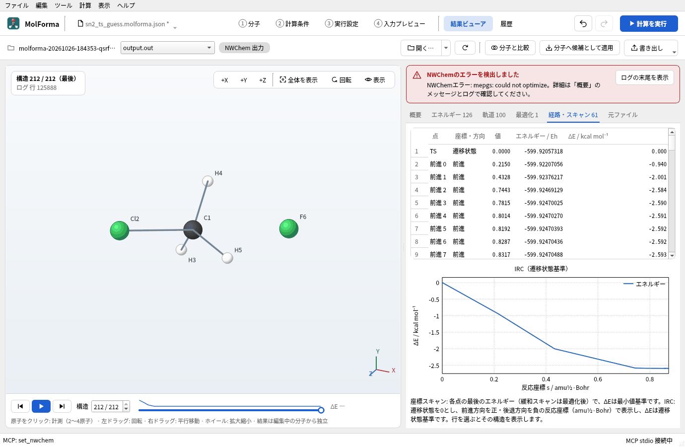 両方向のIRCの結果。上に赤い帯で「NWChemのエラーを検出しました」「NWChemエラー: mepgs: could not optimize」と出て、「経路・スキャン」タブには遷移状態と前進方向の点だけが並ぶ