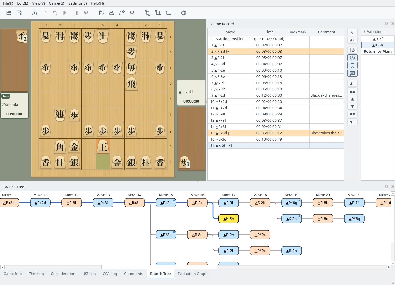 Main window after playing ▲K-5h on the board at move 16, recorded as a new variation at move 17