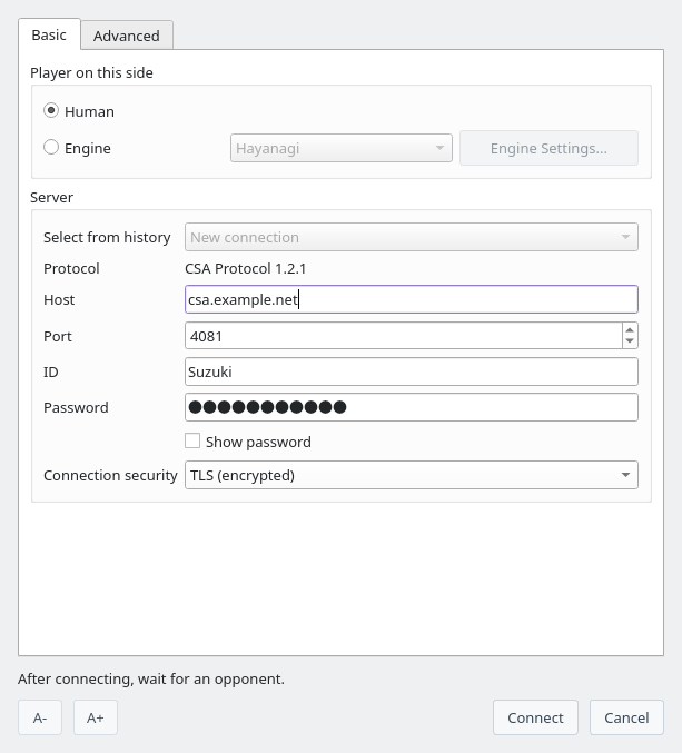 TLS example: enter the TLS server host name and the port specified by its administrator (the host shown is illustrative)