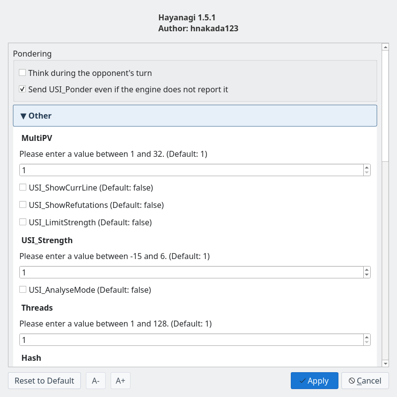 Engine settings dialog