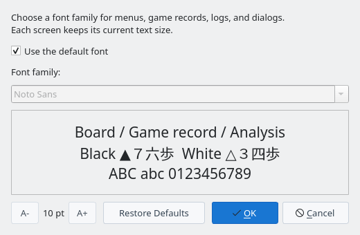 Application Font dialog in its initial state, with Use the default font checked and the preview in the default font