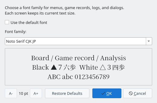 Use the default font cleared and Noto Serif CJK JP chosen in Font family, with the preview shown in a serif font