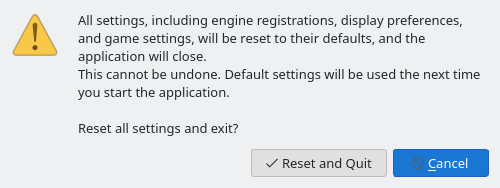 The Reset Settings confirmation with the Reset and Quit and Cancel buttons