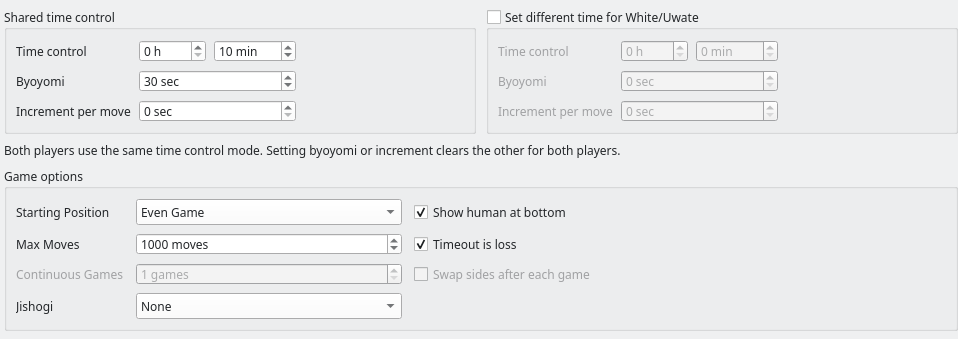 Time settings in the game dialog: 10 minutes of main time and 30 seconds of byoyomi shared by both players, with Timeout is loss checked