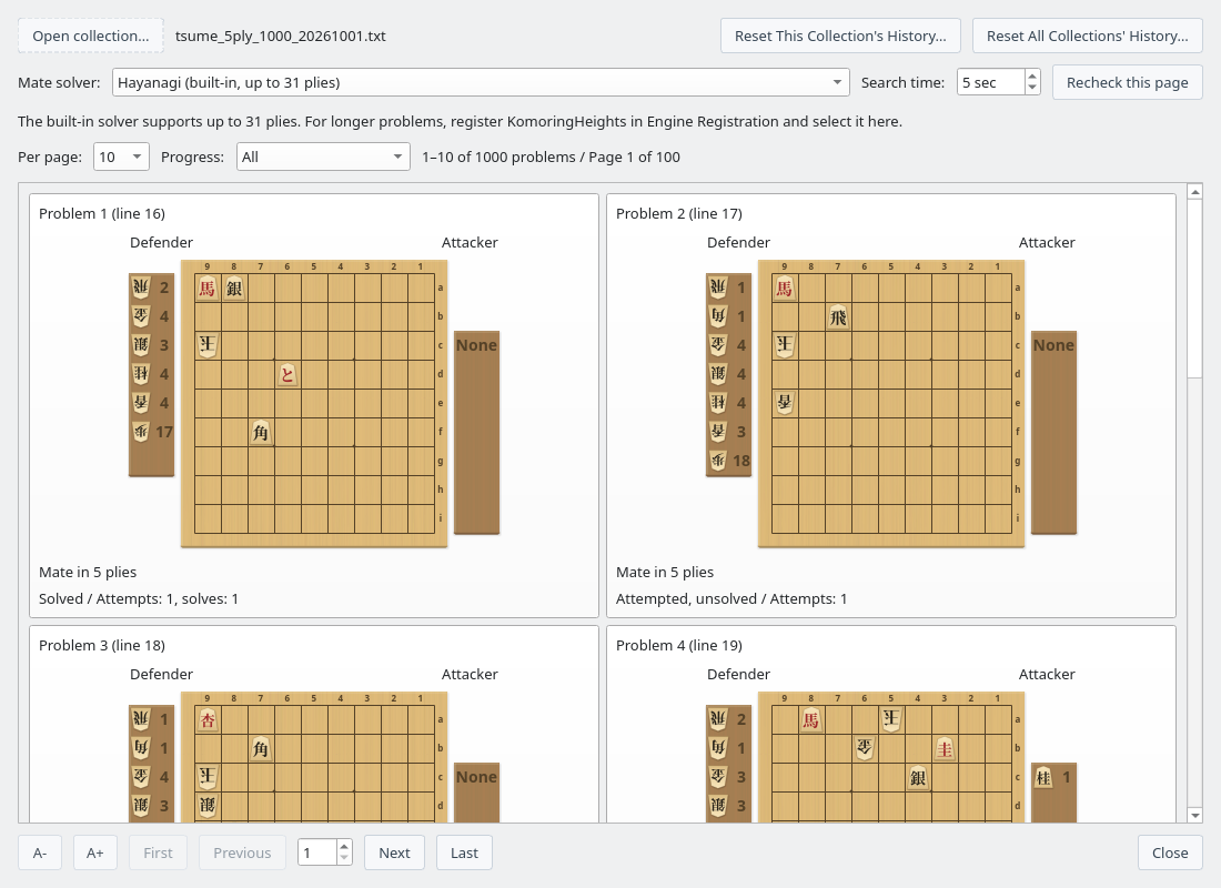 Problem cards showing starting positions, mate lengths, progress, and pagination controls