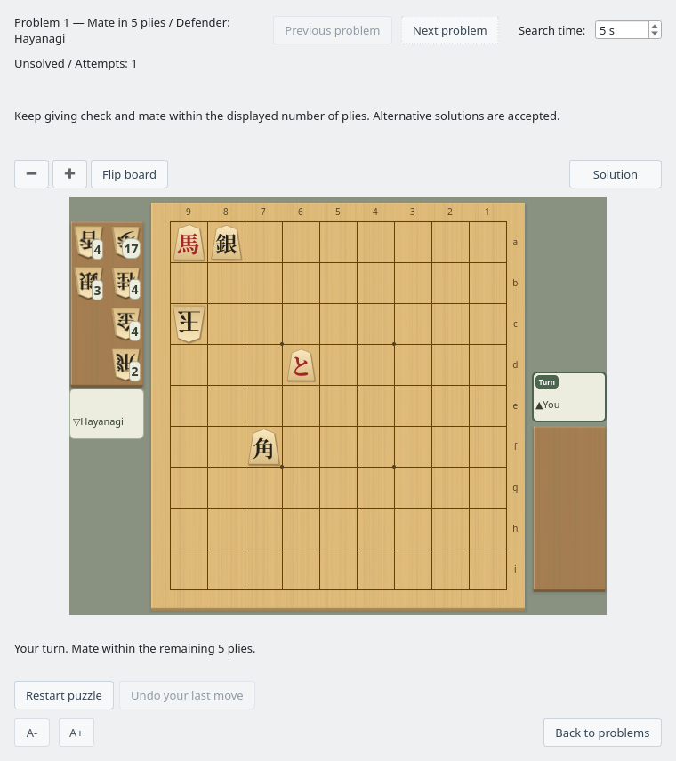 Play window with a mate-in-five position, remaining plies, board controls, and Solution button