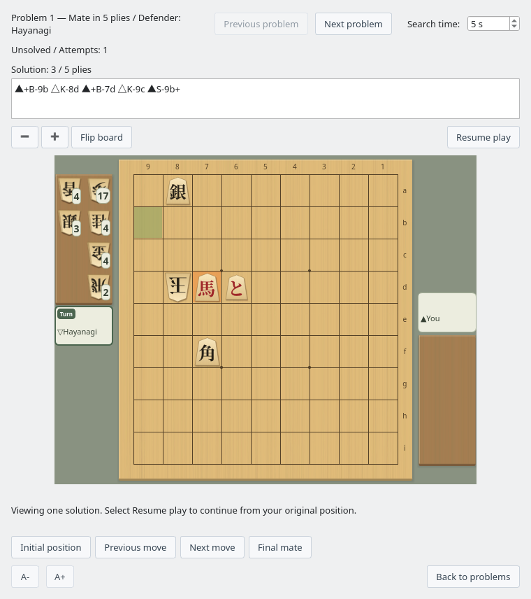 Solution notation with Initial position, Previous move, Next move, Final mate, and Resume play controls