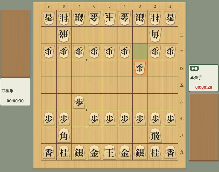 秒読み30秒の対局。手番の先手の時計が赤い文字で「00:00:28」、後手の時計が通常の色で「00:00:30」と表示されている
